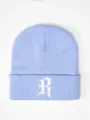 Light blue knitted beanie hat with white gothic letter R embroidery, stylish casual winter cap. - Adjustable / Sky Blue