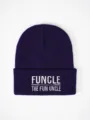 Purple knit beanie hat featuring fun embroidered slogan and ribbed cuff design for winter. - Adjustable / Navy Blue