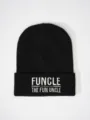 Black knitted beanie detail showing white embroidered funcle text on brim for winter warmth. - Adjustable / Black