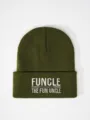 Army green knit beanie hat with embroidered novelty lettering, cozy winter cap detail. - Adjustable / Army Green