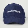 Close-up detail of the navy blue corduroy baseball cap with white embroidered text. - Adjustable / Navy Blue