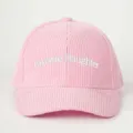 Pink corduroy baseball cap front detail showing white text embroidery design style nicely. - Adjustable / Pink