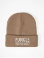 Close up of brown knit beanie featuring white embroidered funny uncle text detail on the cuff. - Adjustable / Dark Khaki