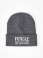 Close-up view of dark grey knitted beanie featuring custom white embroidery text. - Adjustable / Medium Heather Grey