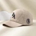 Fleece corduroy baseball cap with LA embroidery and side Los Angeles logo for daily wear. - Adjustable / Beige