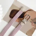 Women pink woven stretch belt with silver metal buckle and beige leather trim for casual use. - 100cm / Pink