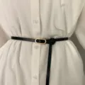 Minimalist black thin leather belt with metal oval buckle for dresses shirts sweaters chic style - Black