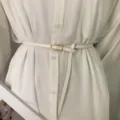 Minimalist white thin leather belt with gold oval buckle for women dresses and shirts. - White