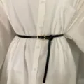 Minimalist thin black leather belt with gold oval buckle for women dresses and shirts. - Coffee