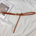 Thin brown leather belt for women, stylish dress decorative waist strap with metal buckle. - Earthy Yellow