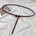 Burgundy thin leather belt for dress women chic minimalist dress waist strap accessory - Dark Red