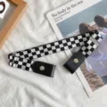 Checkerboard buckle-free lazy belt for women, elastic waist strap with metal press studs. - Checkered