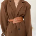 Women's wide leather belt waist cincher for blazer coat dress fashion asymmetric belt - Camel
