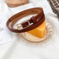 Women thin brown faux leather belt with gold buckle stylish minimalist dress belt accessory - Khaki