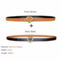Reversible women's leather belt with chic heart buckle, elegant thin strap for jeans. - Brown + Black