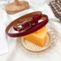 Red thin leather belt for women, slim waist strap with metal square buckle variant. - Burgundy