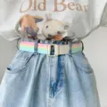 Colorful striped canvas belt for women with white buckle, trendy summer narrow jeans accessory. - Pink/Yellow/Green