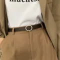 Women thin leather belt with stylish oval buckle for dress and sweater, Korean fashion style. - Coffee