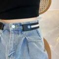 Invisible buckle-free belt for women, elastic waist tightening strap for jeans and pants. - Black White Black Striped