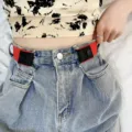 Invisible buckle elastic stretch waist belt for jeans, comfortable adjustable red black design. - Red