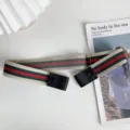 Women elastic stretch belt, beige with classic red green stripe design, adjustable snap closure. - Beige Green Red Striped