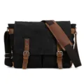 Vintage Canvas Umhängetasche für Herren, schwarze Retro Schultertasche mit Lederbesatz. - Schwarz