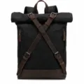 Herren Vintage Roll Top Rucksack Segeltuch Leder Freizeit Reisetasche Wasserdicht Schwarz - Schwarz