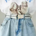 Ceinture en toile pour femme avec bandes blanches grises et boucle minimaliste élégante. - Gris/Blanc/Gris