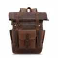 Vintage canvas lederen rolltop rugzak voor mannen outdoor reizen vrijetijdstasje - koffiekleur