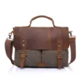 Vintage Canvas Leather Messenger Bag Men Casual Crossbody Briefcase Laptop Shoulder Bag - Army Green