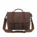 Retro Canvas Umhängetasche für Herren, wasserdichte Laptoptasche mit Lederbesatz und Gurt. - Kaffeebraun