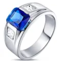 Anello da uomo lusso pietra blu quadrata con diamanti bianchi fascia argento tendenza - Taglia 7 / Blu