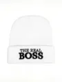 Detailed close-up of the embroidered text on the white knitted beanie cuff, winter. - One Size / White