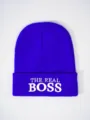 Blue knitted beanie hat with white embroidered text THE REAL BOSS winter warm cap outdoor - One Size / Sapphire Blue