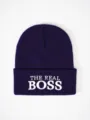Purple knitted beanie hat for winter, stylish white embroidery letter design, warm and comfortable. - One Size / Navy Blue