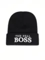 Black knitted beanie hat with white embroidery THE REAL BOSS slogan unisex winter warm cap - One Size / Black