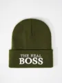 Green knitted beanie hat for winter, warm cuffed cap with white embroidered slogan text letters. - One Size / Army Green
