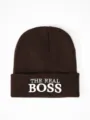Dark brown knitted beanie hat featuring white embroidery THE REAL BOSS warm cap - One Size / Coffee