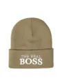 Detailed close-up of khaki knitted beanie hat featuring elegant white embroidery text. - One Size / Khaki