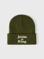 Πράσινο σκούφος πλεκτός με λευκό κέντημα Jesus King κομψός χειμωνιάτικος σκούφος - Ρυθμιζόμενο / Πράσινο του Στρατού