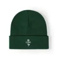 Vue détaillée d'un bonnet en tricot vert foncé avec broderie de rose et d'amour. - Réglable / Vert Foncé