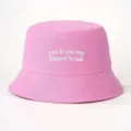 Pink embroidered bucket hat detail showing text design for casual outdoor wear and sunny days. - One Size / Rose Red