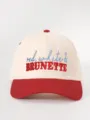 Detailed close-up view of red and blue embroidered lettering on the color-blocked baseball cap. - Adjustable / Beige and Red