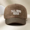 Brown faux-sherpa baseball cap with corduroy brim and embroidered Yall Need Jesus text detail - Adjustable / Coffee