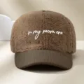 Brown faux shearling corduroy baseball cap with stylish embroidered mom era slogan text. - Adjustable / Coffee