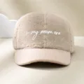 Detailed shot of the faux lamb wool corduroy baseball cap with custom mom era embroidery. - Adjustable / Beige
