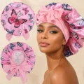 Gorro de dormir de satén con mariposas y lazo, gorro elástico para el cuidado del cabello. - Talla única / Rosa