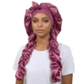 Silk satin long sleep bonnet with bow detail and button, perfect for hair protection and night sleep. - Adjustable / Dusty Red