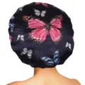 Satin butterfly print sleep cap elastic hair care bonnet for night styling and smooth hair - One Size / Navy Blue