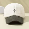 Faux shearling corduroy baseball cap with cute rose and love embroidery for autumn winter. - White
